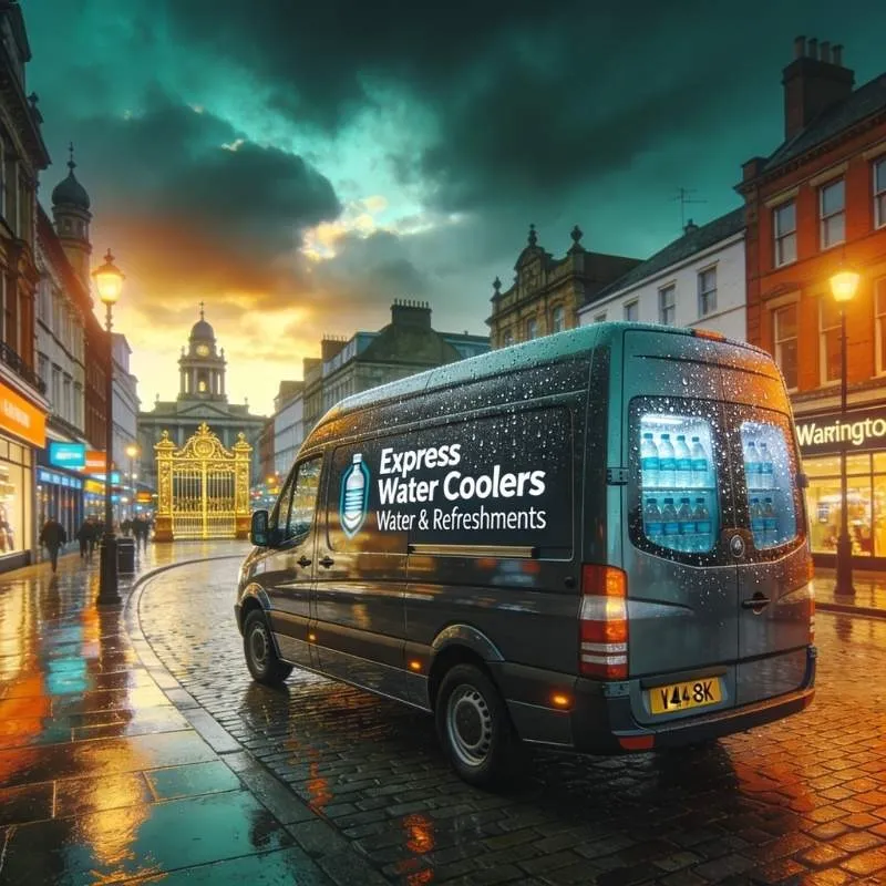 A van sits on a street in front of a building, showcasing Trafford Digital Trusted Water & Refreshments North West community.