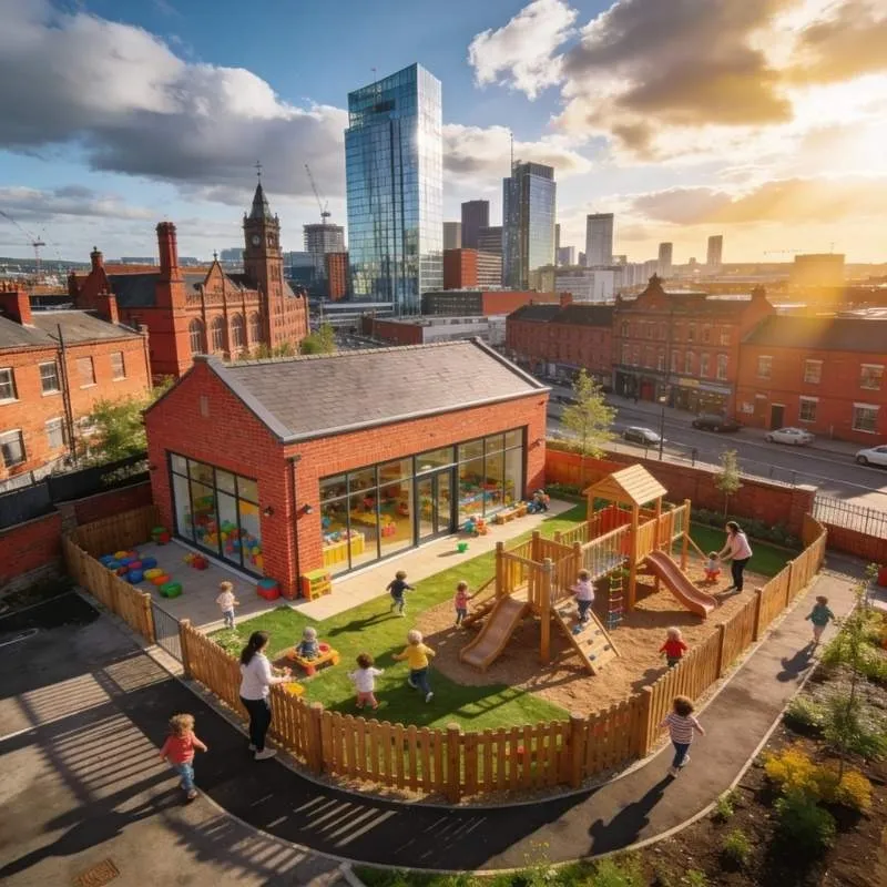 trafford-digital-trusted-childcare-and-nurseries-business Children play joyfully on a playground with a vibrant city skyline in the background, showcasing community spirit.