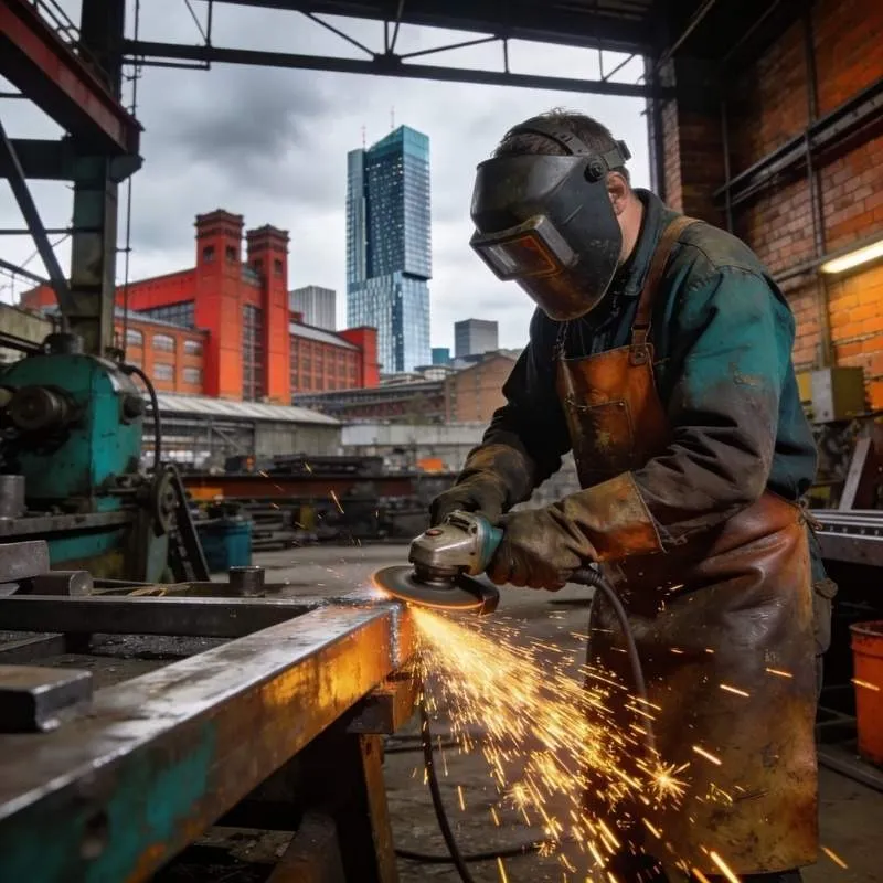 trafford-digital-trusted-metalwork-and-fabrication-businesses A man grinds metal in an industrial setting, showcasing craftsmanship in the Trafford Digital Trusted North West community.