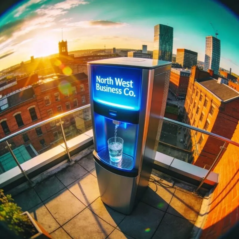 North West Business Co water dispenser, supporting the Trafford Digital Trusted Small Business Community. Water dispenser branded with "North West Business Co" for Trafford Digital Trusted Small Business Community.