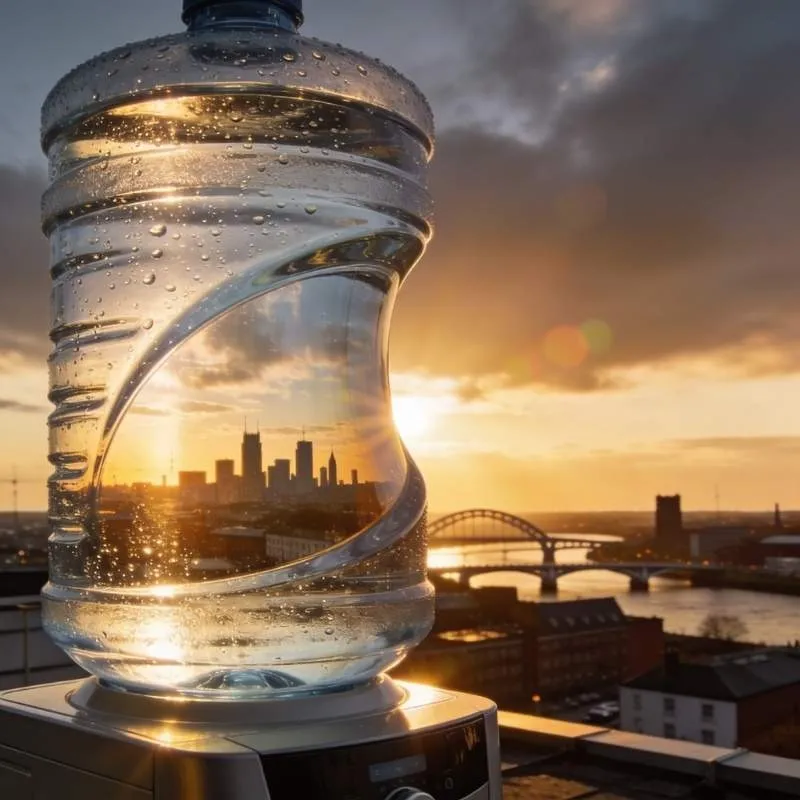 A bottle of water on a table with a city skyline behind it, representing Trafford Digital Trusted Water & Refreshments.