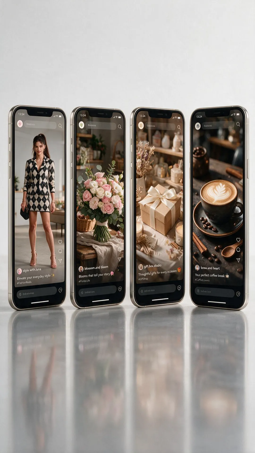 Four phone mockups each showing a finished Brand Experience Reel
