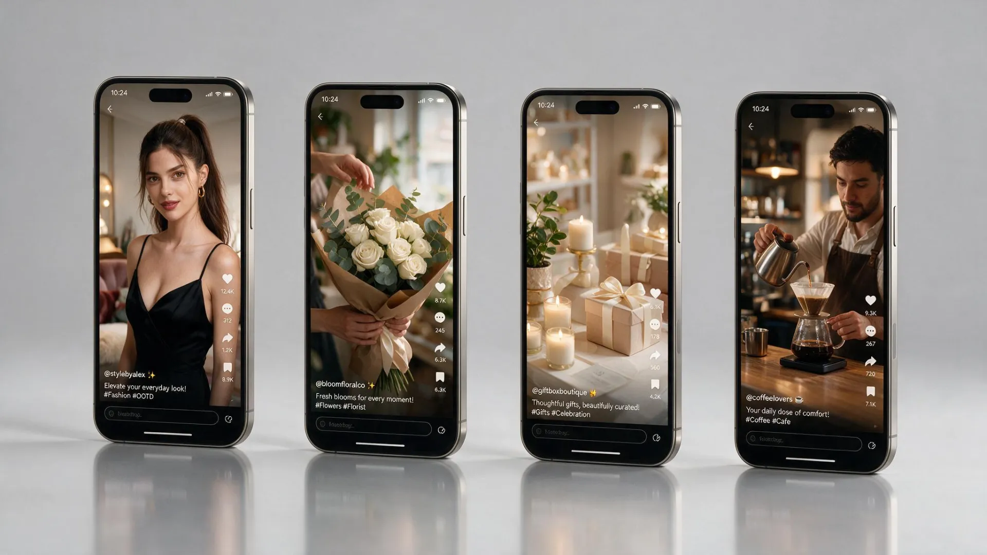 Four phone mockups each showing a finished Brand Experience Reel