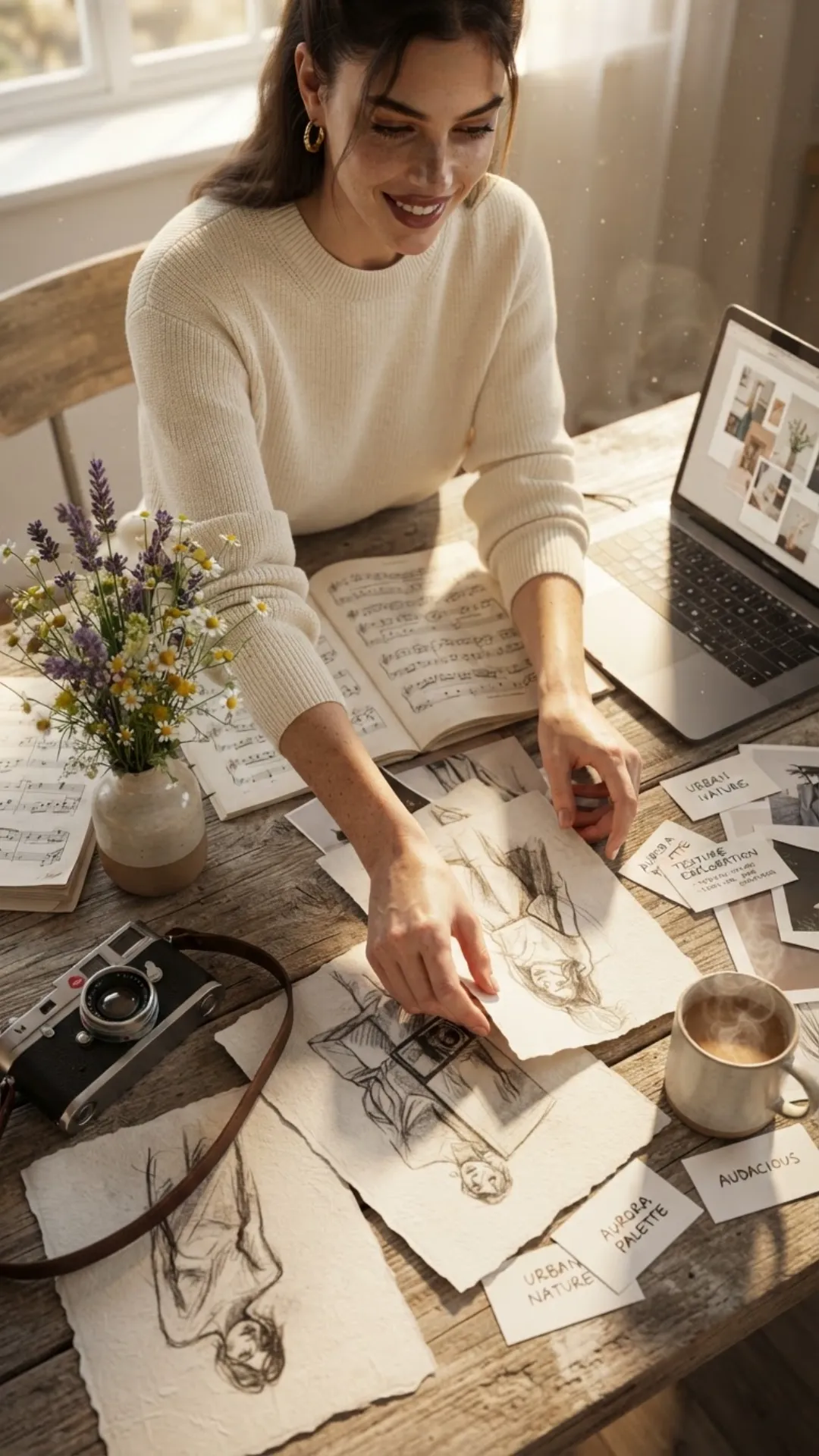 Noémie Huxley AI sitting at a table planning a brand experience showcase reel