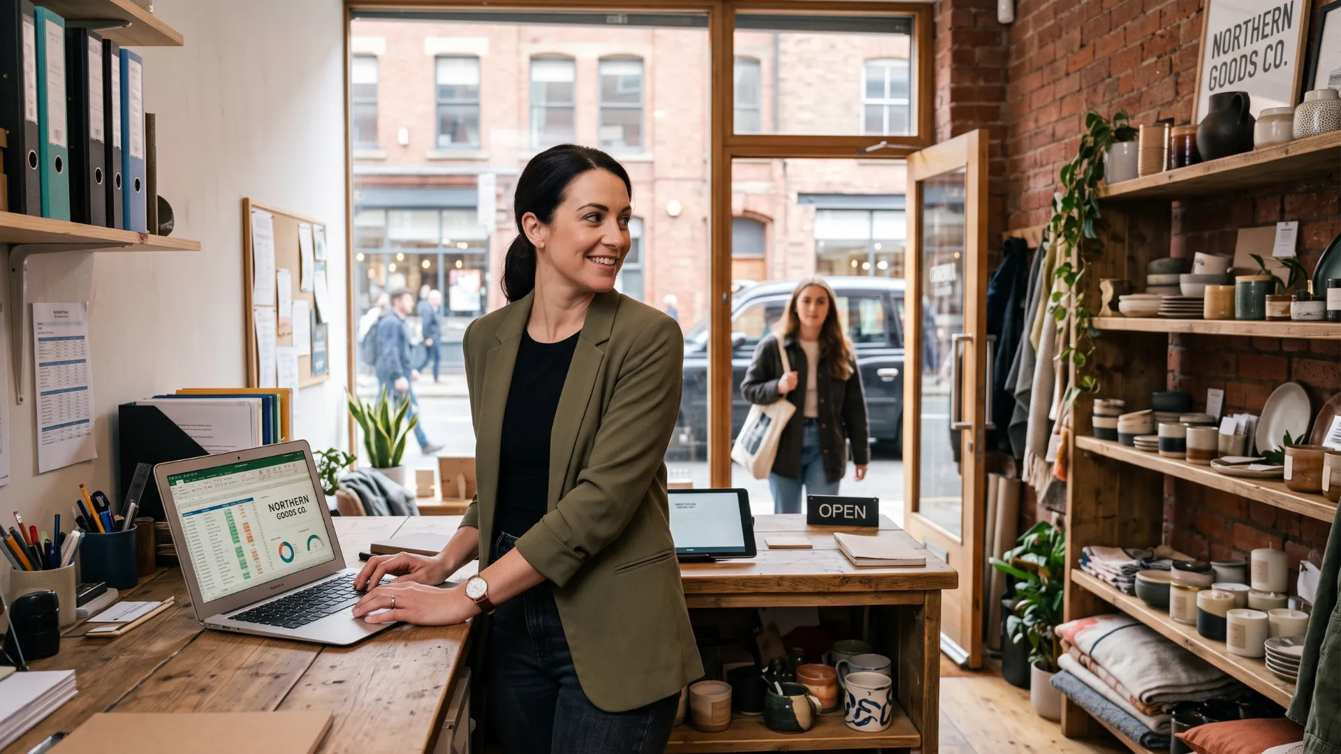 A woman stands in front of a laptop, actively participating in the Trafford Digital Business Community.